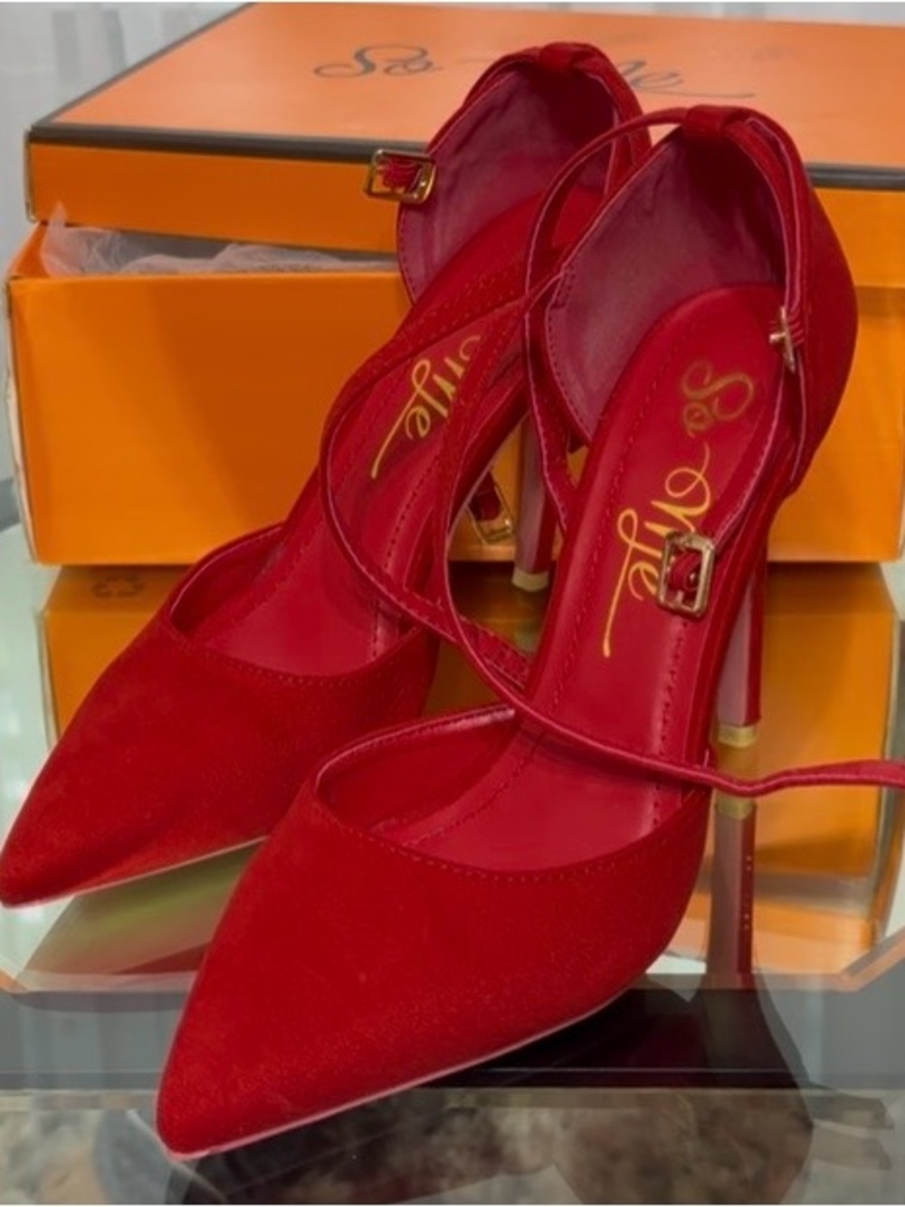 So Me Red Pointed-Toe Ankle-Strap Stiletto Pumps